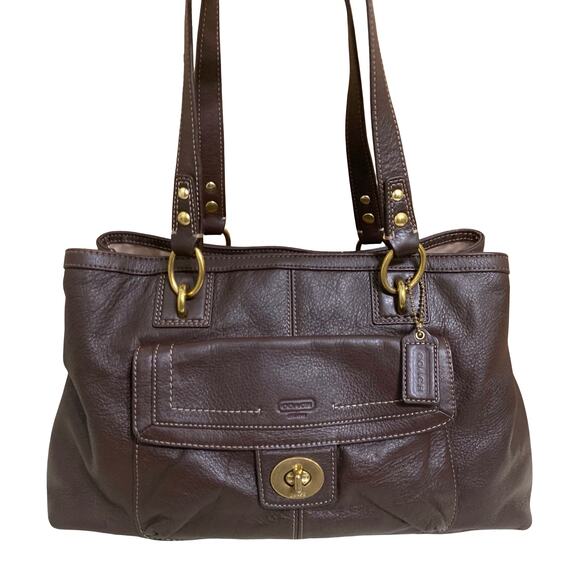 COACH Dark Brown Pebbled Leather PENELOPE Turn Lock Pocket CarryAll Tote F19044 - Picture 1 of 16